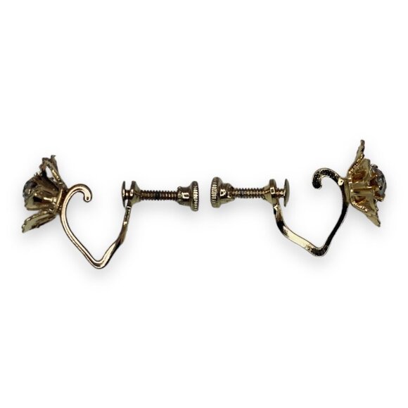 Vintage Gold Tone Heart Hoop Flower Rhinestone Screw Back Earrings - Picture 3 of 4